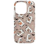 Cute Ghost Reading Books Retro Groovy Spooky Beige Pattern Carcasa para iPhone 14 Pro