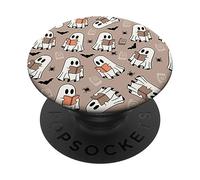 Cute Ghost Reading Books Retro Groovy Spooky Beige Pattern PopSockets PopGrip Adhesivo