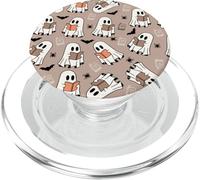 Cute Ghost Reading Books Retro Groovy Spooky Beige Pattern PopSockets PopGrip para MagSafe