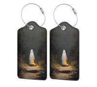 Cute Ghost Walking The Dark Forest - Etiqueta de equipaje para maleta, paquete de 2 etiquetas de equipaje de cuero con solapa de privacidad, etiqueta de identificación de nombre y lazo de metal para