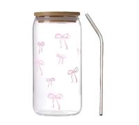 Cute Glass Cups - Bow Print Drinking Jar Lid Stainless Straw Reusable Drinkware Set, Aesthetic Beverage Mug, Decorative Glass Cup | Gift Idea for Birthday Party Kitchen Home Gathering Women Girls