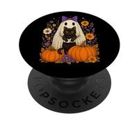 Cute Halloween Ghost Hugging Black Cat Floral PopSockets PopGrip Adhesivo