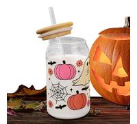 Cute Halloween Glass Cups with Lids and Straws, Pumpkin Ghost Tumbler 400ml, Festive Iced Coffee Mug, Reusable Drinkware for Kids Women Adults Holiday Parties Fall Gatherings Home Decorations