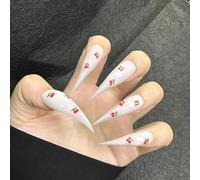 Cute Hand Drawn Cherry Claw Press on Nails Long Stiletto Gothic Punk Style Reusable Thick Acrylic Press on Nails Cat Dragon Eagle Claw False Nail with Designs Glossy Glue on Nail (S)
