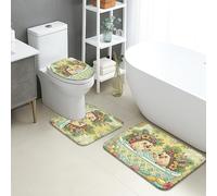 Cute Hedgehog - Juego de 3 alfombrillas de baño, diseño floral tropical, absorbente, antideslizante, en forma de U, lavable, para verano, de franela de secado rápido