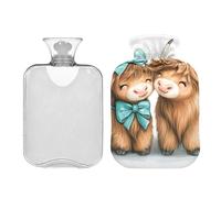 Cute Highland Cow Friends - Botella de agua caliente con funda de terciopelo, bolsa de agua caliente de 2 L para comprimir caliente y fría, bolsa de agua caliente, ideal para compresas frías y