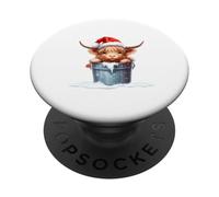 Cute Highland Cow in Santa Hat Country Heifer Farm Farmer PopSockets PopGrip Adhesivo