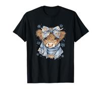 Cute Highland Cow with Blue Bow Winter Snowflake Design Camiseta