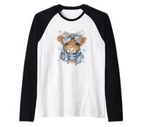 Cute Highland Cow with Blue Bow Winter Snowflake Design Camiseta Manga Raglan