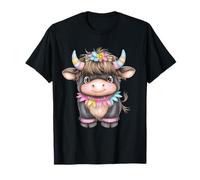 Cute Highland Cow with Rainbow Horns Kawaii Baby Cow Flower Camiseta