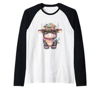 Cute Highland Cow with Rainbow Horns Kawaii Baby Cow Flower Camiseta Manga Raglan
