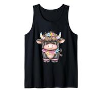Cute Highland Cow with Rainbow Horns Kawaii Baby Cow Flower Camiseta sin Mangas