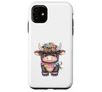 Cute Highland Cow with Rainbow Horns Kawaii Baby Cow Flower Carcasa para iPhone 11