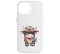 Cute Highland Cow with Rainbow Horns Kawaii Baby Cow Flower Carcasa para iPhone 14