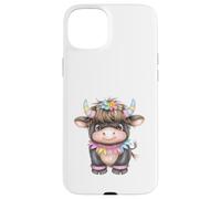 Cute Highland Cow with Rainbow Horns Kawaii Baby Cow Flower Carcasa para iPhone 15 Plus