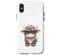 Cute Highland Cow with Rainbow Horns Kawaii Baby Cow Flower Carcasa para iPhone X/XS
