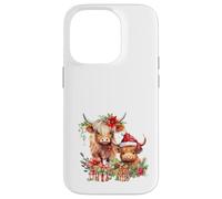 Cute Highland Cows Christmas Santa Hat Country Heifer Farm Carcasa para iPhone 14 Pro