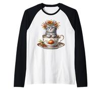 Cute Kitten In A Autumn Tea Cup For Fall and Coffee Lover Camiseta Manga Raglan