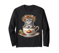 Cute Kitten In A Autumn Tea Cup For Fall and Coffee Lover Manga Larga