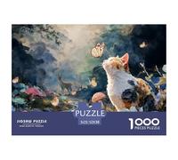 Cute Kitty Plying with Butterfly 1000 Pcs Premium-Karton Puzzle White and Grey Kitten Lebendige Bilder Familienspiel Puzzles Als Geburtstagsgeschenke 52x38cm/1000pcs