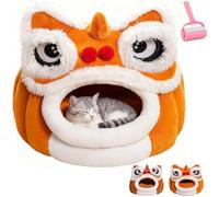Cute Lion Head Pet Beds for Cats,Soft Cozy Plush Cat House & Dog Cave with Cushion for Small Medium Cats Dogs,Semi-Enclosed Festival Themed Warm Nest (Yellow Brown, M:45*45*40cm/17.72*17.72*15.75in)