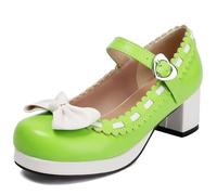 Cute Mary Jane Bow Kawaii Heels Cute One Buckle Strap Tacón grueso Correa de espagueti especial Zapatos de vestir de fiesta de encaje con lazo (10A-verde,39)