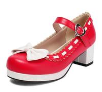 Cute Mary Jane Bow Kawaii Heels Cute One Buckle Strap Tacón grueso Correa de espagueti especial Zapatos de vestir de fiesta de encaje con lazo (10A-rojo,37)