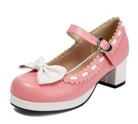 Cute Mary Jane Bow Kawaii Heels Cute One Buckle Strap Tacón grueso Correa de espagueti especial Zapatos de vestir de fiesta de encaje con lazo (10A-rosa,39)
