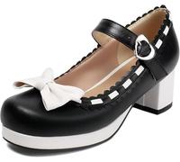 Cute Mary Jane Bow Kawaii Heels Cute One Buckle Strap Tacón grueso Correa de espagueti especial Zapatos de vestir de fiesta de encaje con lazo (12A-negro,39)