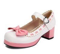 Cute Mary Jane Bow Kawaii Heels Cute One Buckle Strap Tacón grueso Correa de espagueti especial Zapatos de vestir de fiesta de encaje con lazo (10A-blanco,36)
