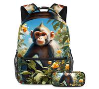 Cute Monkey and Flower The Perfect School Companion, juego de 2 mochilas escolares para niños con mochila y estuche para lápices para niños, niñas y adolescentes, multicolor, B:29.4x20x40cm\