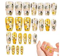 Cute Nails Press On - Cute Press On Nails Jelly Glue | Manicure Art Accessories | Glue On Nails For Girls | Set Of 24 Bee And Flower False Fingernail For Girls Women
