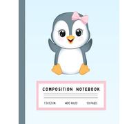 Cute Penguin Composition Notebook: Kawaii Baby Penguin Face on Soft Blue Background | Wide Ruled | 7.5" x 9.25" | 120 Pages for Kids, Girls, Boys, and Arctic Animal Lovers
