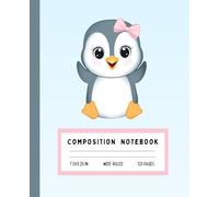 Cute Penguin Composition Notebook: Kawaii Baby Penguin Face on Soft Blue Background | Wide Ruled | 7.5" x 9.25" | 120 Pages for Kids, Girls, Boys, and Arctic Animal Lovers