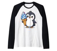 Cute Penguin Holding Ice Cream Cone Cartoon Camiseta Manga Raglan