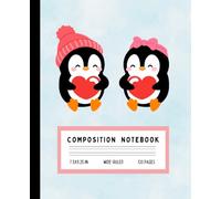 Cute Penguin Pair Composition Notebook: Adorable Boy and Girl Penguins Holding Hearts - Wide Ruled | 7.5" x 9.25" | 120 Pages for Kids, Girls, Boys, and Kawaii Animal Fans