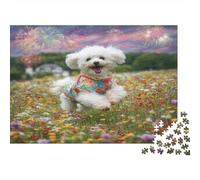 Cute Pet Dog Rompecabezas Clásico de Cartón Bichón Frisé Corriendo en el Prado de Flores Coloridas, para Principiantes y Estimulante Mental 70x50cm/1000 Piezas