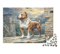 Cute Pet Dog Rompecabezas clásico de cartón Boxer en Puente de Piedra con ruinas de Castillo, Entretenimiento Interactivo contra el aburrimiento 38x26cm/1000 Piezas