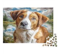 Cute Pet Dog Rompecabezas clásico de cartón Brittany Spaniel Junto al Lago con Flores, Actividad Relajante para Toda la Familia 70x50cm/1000 Piezas
