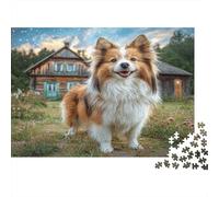 Cute Pet Dog Rompecabezas clásico de cartón Collie de pie Delante de una casa de Madera, Regalo de Entrenamiento Cerebral para Adultos 52x38cm/1000 Piezas
