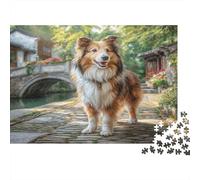Cute Pet Dog Rompecabezas clásico de cartón Collie en Calle de Pueblo Antiguo con Puente, Estimulante Mental Apto para Principiantes 38x26cm/1000 Piezas