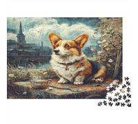 Cute Pet Dog - Rompecabezas clásico de cartón Corgi en Calle de Pueblo Antiguo con Iglesia, Actividad Relajante para Toda la Familia 38x26cm/1000 Piezas