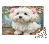 Cute Pet Dog Rompecabezas clásico de cartón Maltés con Lazos Rosas en Prado de Flores, Regalo de Rompecabezas Relajante para Adultos 70x50cm/1000 Piezas