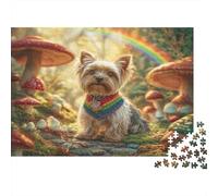 Cute Pet Dog Rompecabezas clásico de cartón Yorkie en Bosque Encantado con Setas y arcoíris, Actividad Relajante para Toda la Familia 52x38cm/1000 Piezas