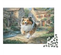 Cute Pet Dog Rompecabezas de Papel Collie Corriendo en Pueblo con Sendero de Piedra, Regalo para Toda la Familia 52x38cm/1000 Piezas