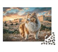 Cute Pet Dog Rompecabezas de Papel Collie en Plaza del Pueblo Viejo con Castillo, Regalo navideño Divertido para niños +12 52x38cm/1000 Piezas