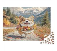 Cute Pet Dog Rompecabezas de Papel Corgi con Collar de Hojas de Otoño en el Sendero de Montaña, Juego de Regalo de Amigo Invisible Estimulante Mental 38x26cm/1000 Piezas