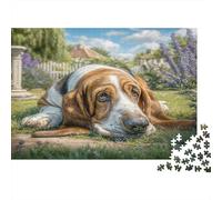 Cute Pet Dog Rompecabezas de Papel Grueso Basset Hound acostado en jardín con Lavanda, Regalo Apto para Principiantes para niños 38x26cm/1000 Piezas