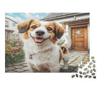 Cute Pet Dog Rompecabezas de Papel Grueso Brittany Spaniel en Pueblo con Flores, Pack de Regalo de Rompecabezas para Combatir el aburrimiento 38x26cm/1000 Piezas