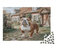 Cute Pet Dog Rompecabezas de Papel Grueso Bulldog en Sendero de Piedra Junto a una cabaña, Pack de Juguete Educativo para niños 52x38cm/1000 Piezas